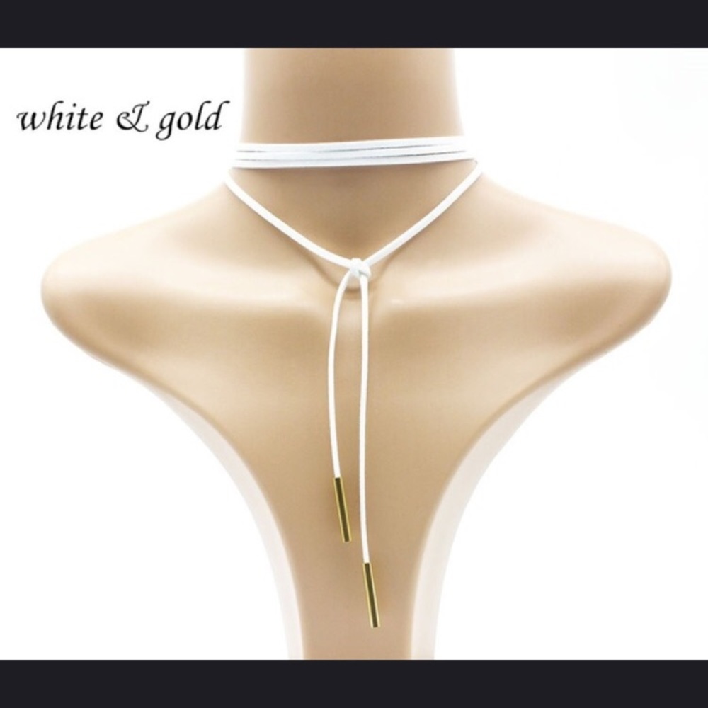 White suede choker necklace with silver ties